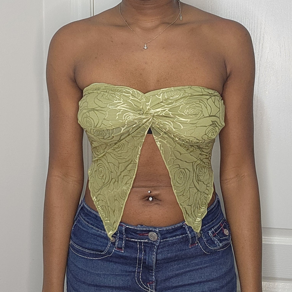Floral Green And Gold Strapless Top